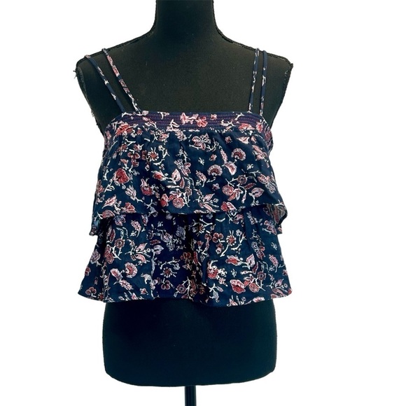 Zara blue red floral flower printed ruffle frill layered spaghetti strap blouse - Picture 1 of 10